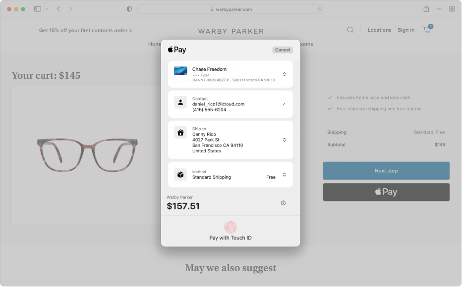 Een populaire winkelsite waarop je met Apple Pay kunt betalen en de details van je aankoop, waaronder de creditcard waarmee je hebt betaald, verzendinformatie, gegevens van de winkel en de aankoopprijs.