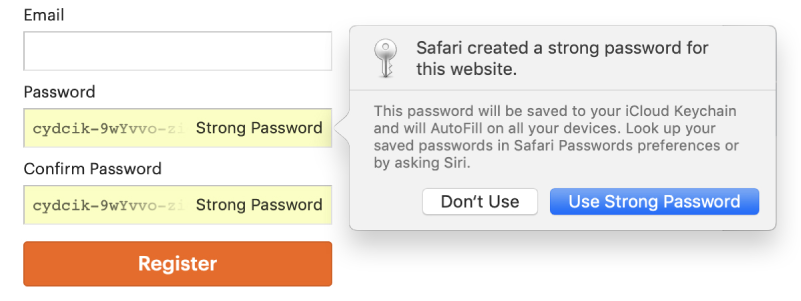 Account signup page, showing an automatically created password and the choice to decline it or use it.