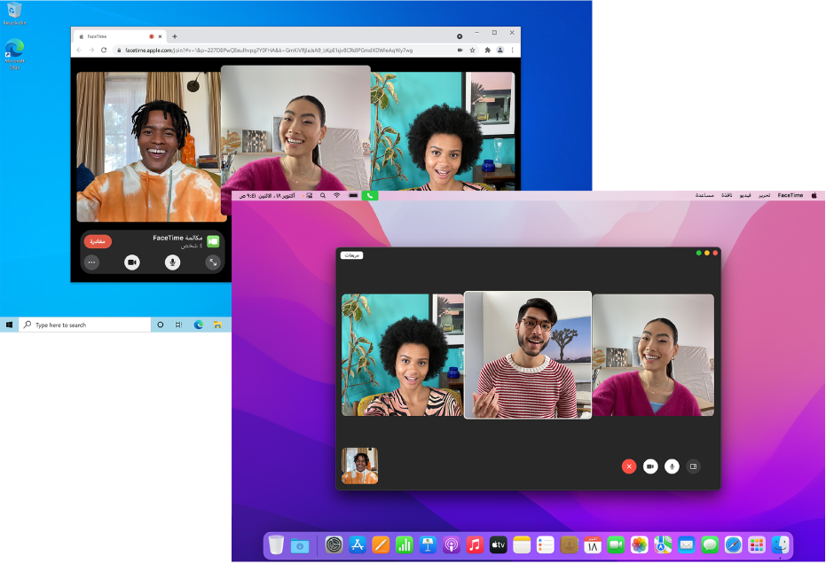 جهاز MacBook Pro تُجرى عليه مكالمة FaceTime جماعية في جلسة عمل. خلفه كمبيوتر شخصي مع FaceTime على مكالمة جماعية عبر الويب في جلسة عمل.