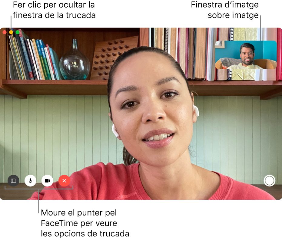 Situa el punter sobre la finestra del FaceTime per veure les opcions, com ara la barra lateral, Silenci, Silenciar el vídeo, Penjar i Live Photo. Fes clic al botó central de l’angle superior esquerre per amagar la finestra de la trucada. La finestra d’imatge dins de la imatge es mostra a l’angle superior dret.