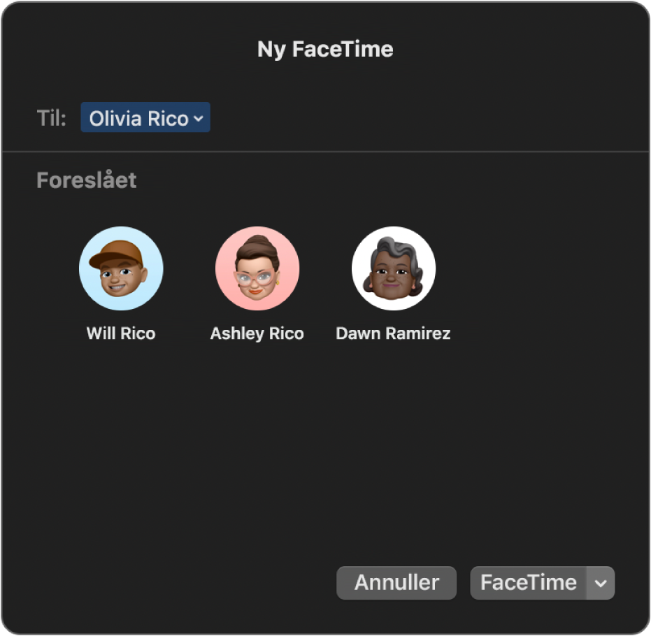 Vinduet Ny FaceTime, hvor du kan skrive deltagere direkte i feltet Til eller vælge på dem på listen Foreslået.
