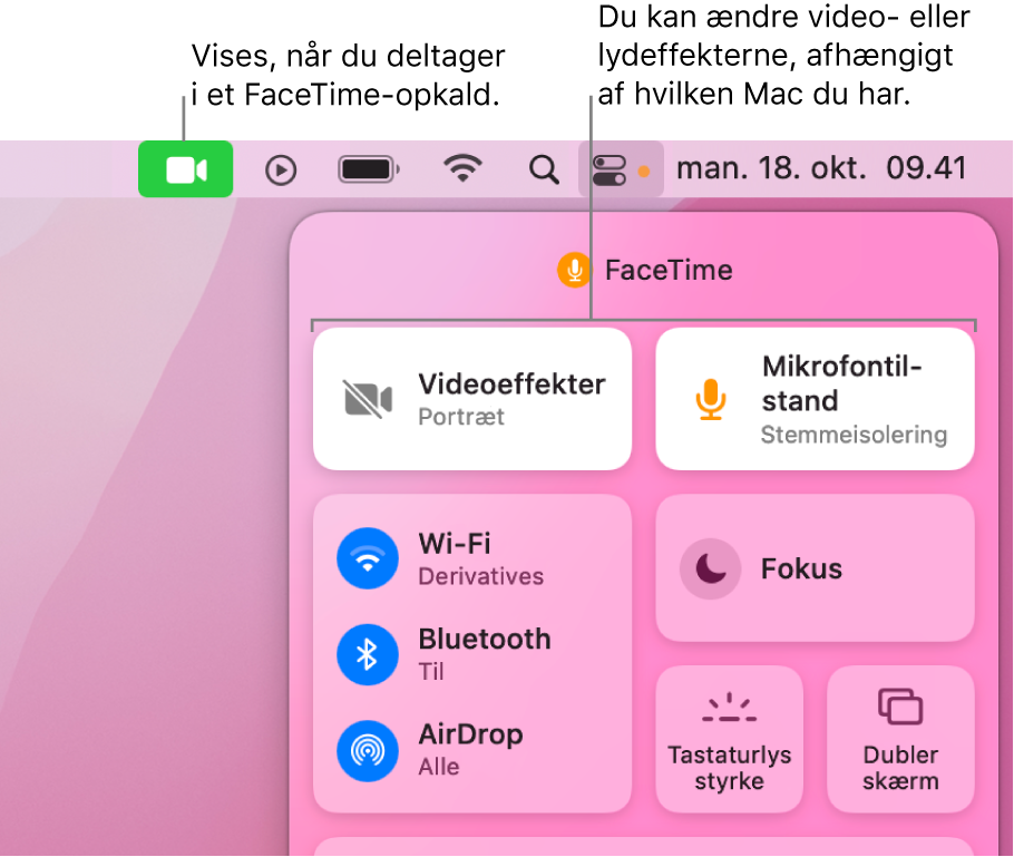 Kontrolcenter i øverste højre hjørne af skærmen på Mac, der viser symbolet for FaceTime (som vises, når du er med i et FaceTime-opkald) og Effekter og Tilstand (som ændrer videoen eller effekter afhængigt af din Mac).