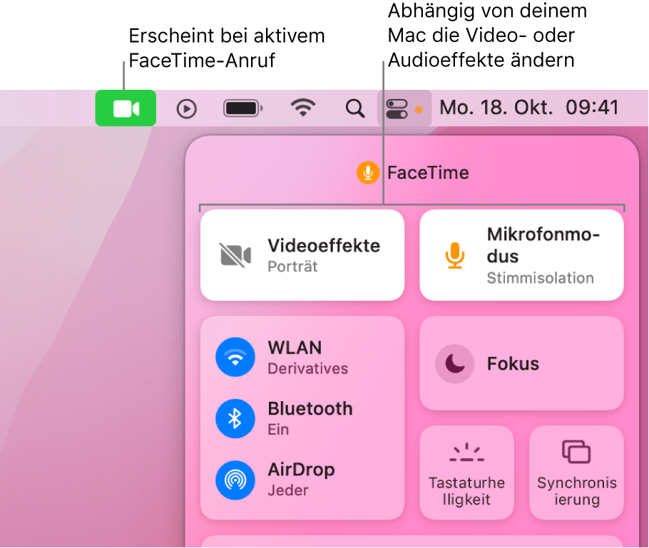 Das Kontrollzentrum rechts oben auf dem Mac-Bildschirm zeigt das FaceTime-Symbol (das erscheint, wenn du in einem FaceTime-Anruf bist) und die Videoeffekte und den Mikrofonmodus (die abhängig von deinem Mac das Video oder die Effekte ändern).