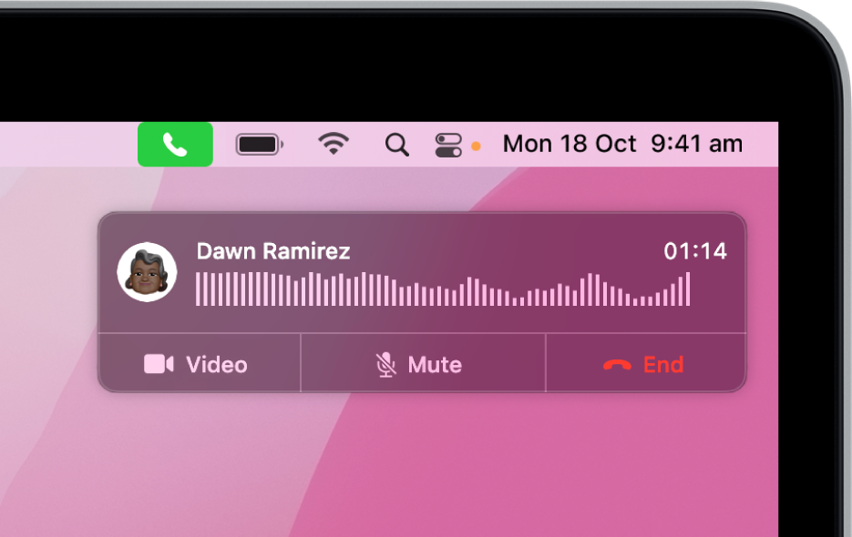 A notification appears in the top-right corner of the Mac screen, showing that a phone call is in progress.