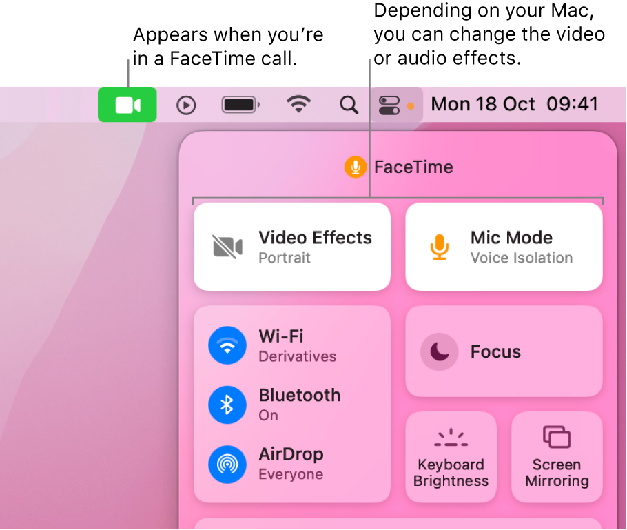 Control Centre in the top-right corner of the Mac screen, showing the FaceTime icon (which appears when you’re in a FaceTime call) and the Video Effects and Mic Mode (which change the video or effects, depending on your Mac).