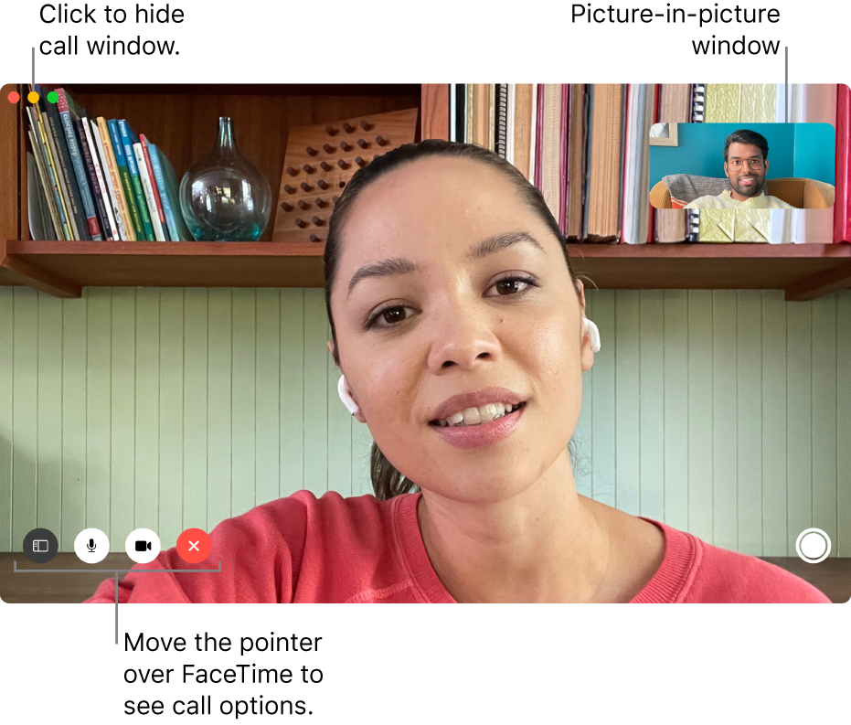 Move the pointer over the FaceTime window to see options such as the Sidebar, Mute, Mute Video, End Call and Live Photo buttons. Click the middle button in the top-left corner to hide the call window. The picture-in-picture window appears in the top-right corner.