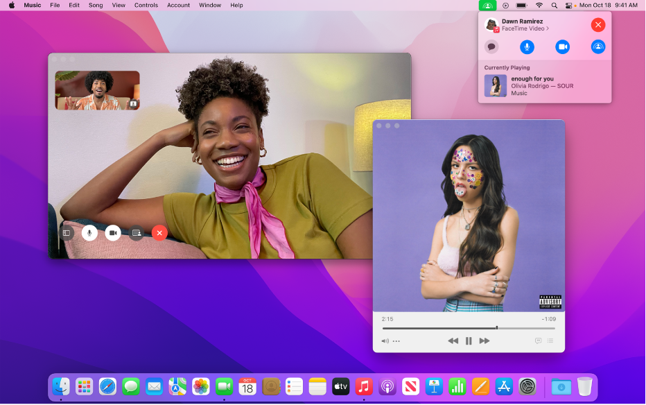 A FaceTime window showing a video call with a song playing through SharePlay.