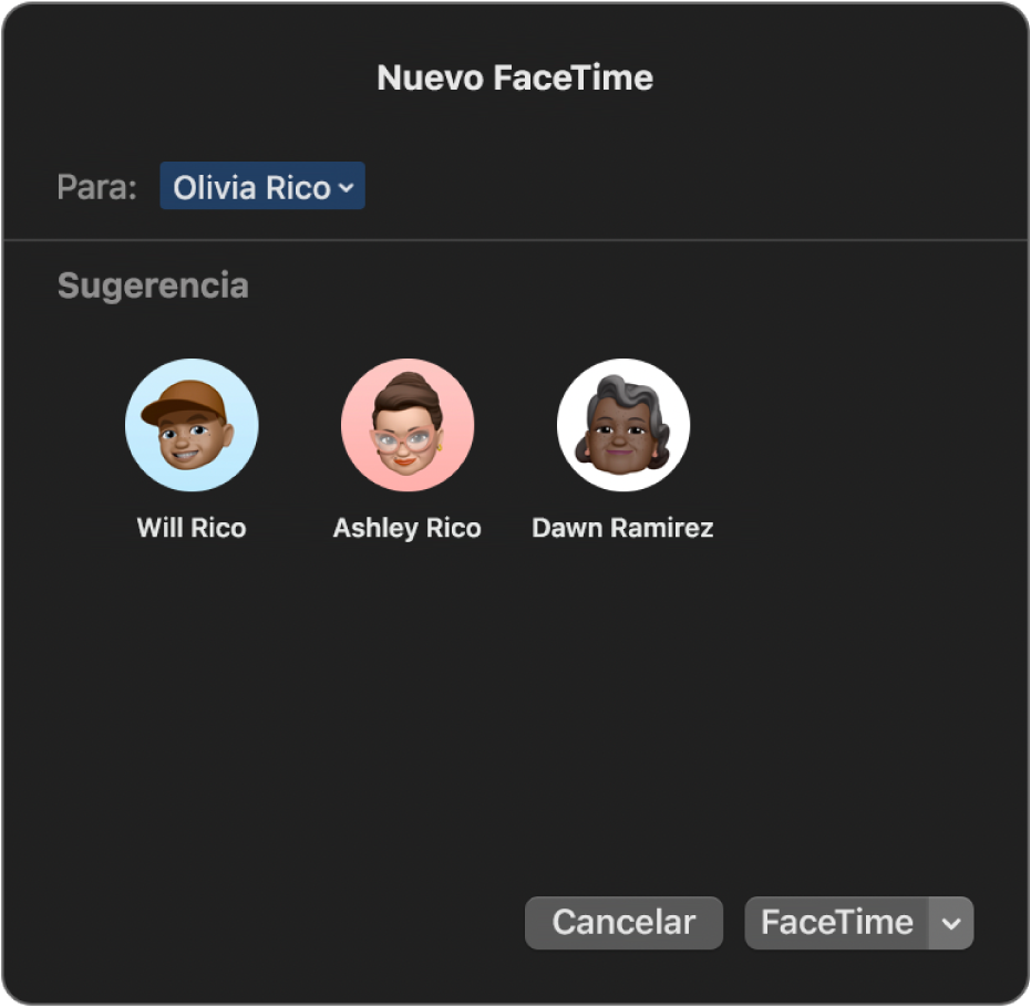 La ventana “Nuevo FaceTime”, donde se ingresan nombres de contactos en el campo Para o se eligen de los recomendados.