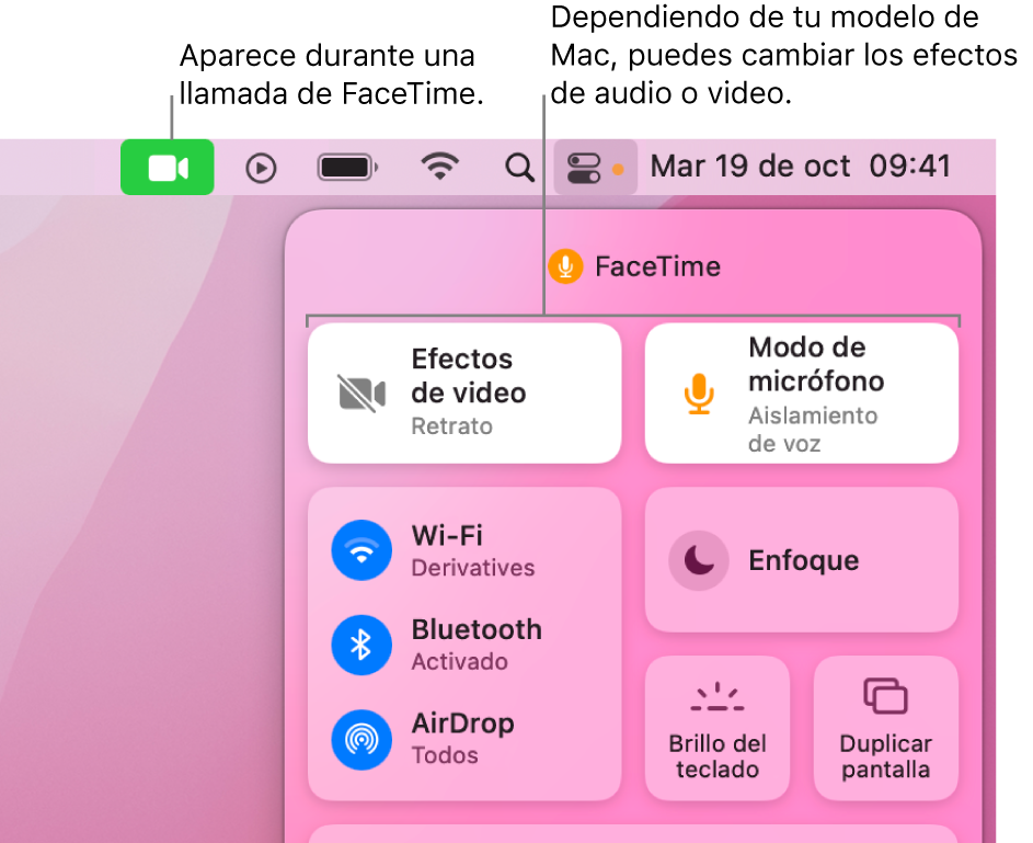 El centro de control, situado en la esquina superior derecha de la pantalla de la Mac, muestra el ícono de FaceTime (que aparece cuando estás en una llamada de FaceTime) y los efectos de video y el modo de micrófono (que cambian el video o los efectos, varían según tu Mac).
