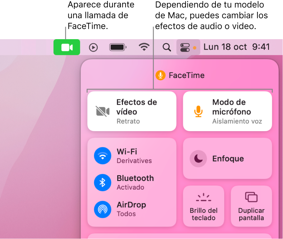 El centro de control en la esquina superior derecha de la pantalla del Mac, mostrando el icono de FaceTime (que aparece cuando estés en una llamada de FaceTime) y los efectos de vídeo y el modo de micrófono (que cambian el vídeo o los efectos, dependiendo del Mac).
