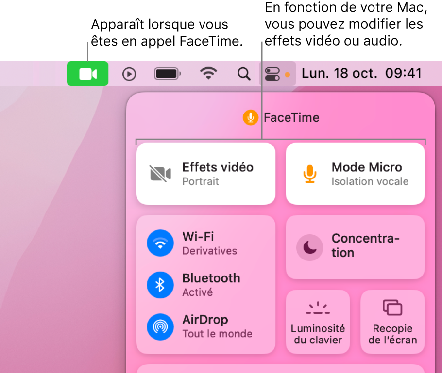 Centre de contrôle dans le coin supérieur droit de l’écran Mac, affichant l’icône FaceTime (qui apparaît lorsque vous êtes dans un appel FaceTime) et les effets vidéo et le mode micro (qui modifient la vidéo ou les effets, selon votre Mac).
