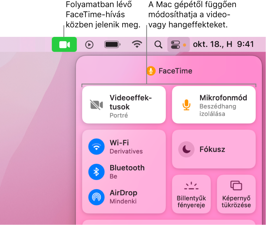 A Mac képernyőjének jobb felső sarkában található vezérlőközpont a FaceTime ikonját (ez akkor jelenik meg, ha FaceTime hívásban van), illetve a Videóeffektusok és a Mikrofonmód ikonját (amelyekkel módosíthatja videót vagy az effektusokat a Mac gépen).