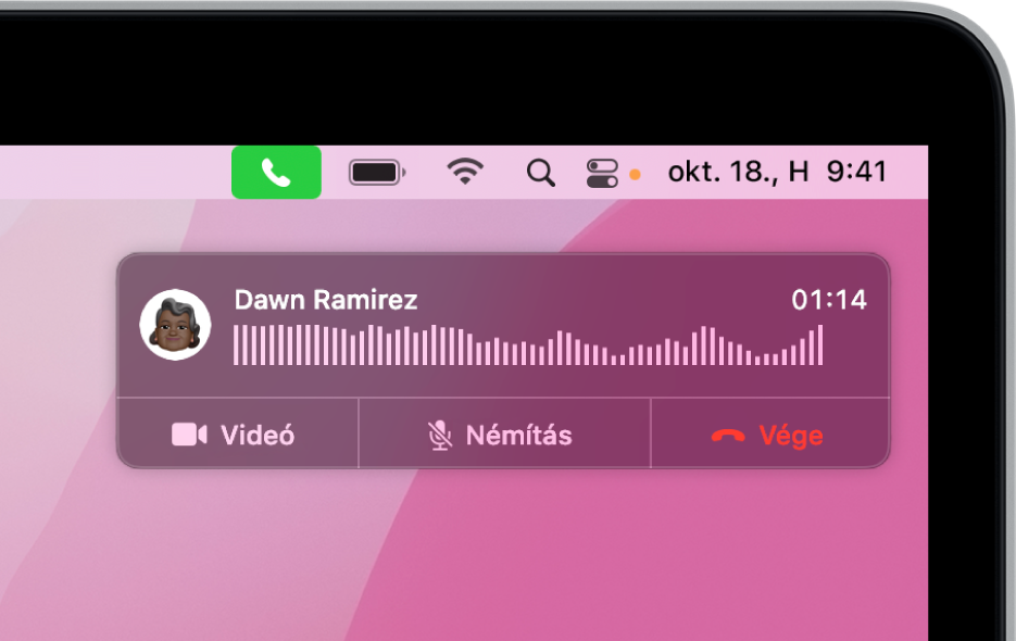 A Mac gép képernyőjének jobb felső sarkában megjelenik egy értesítés, mely mutatja, hogy egy telefonhívás van folyamatban.