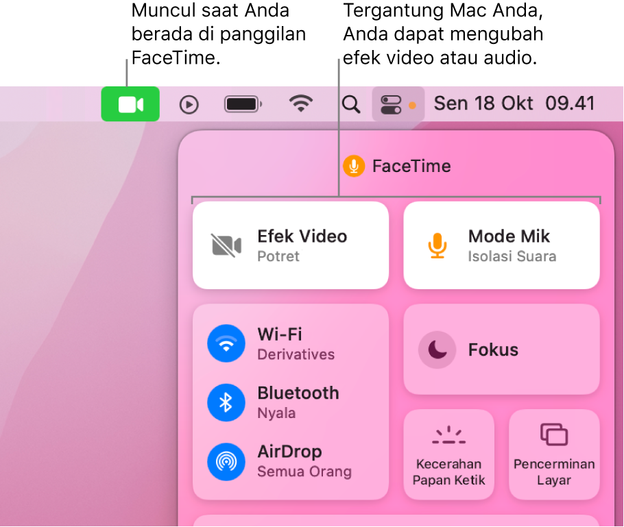 Pusat Kontrol di pojok kanan atas layar Mac, menampilkan ikon FaceTime (yang muncul saat Anda berada dalam panggilan FaceTime) dan Efek Video serta Mode Mik (yang mengubah video atau efek, tergantung Mac Anda).