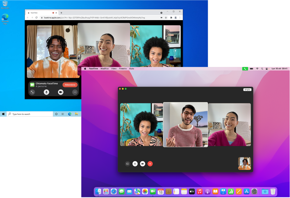 Un MacBook Pro con una chiamata di gruppo FaceTime in corso. Dietro, un PC con una chiamata di gruppo FaceTime sul web in corso.