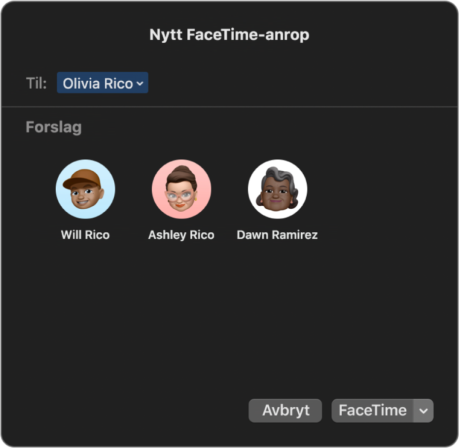 Vinduet Nytt FaceTime-anrop – legg innringere automatisk til i Til-feltet eller velg dem fra Forslag.