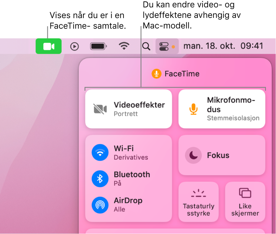 Kontrollsenter, øverst til høyre på Mac-skjermen, som viser FaceTime-symbolet (som vises når du er i en FaceTime-samtale) og Videoeffekter og Mikrofonmodus (som endrer videoen eller effektene, avhengig av Macen).