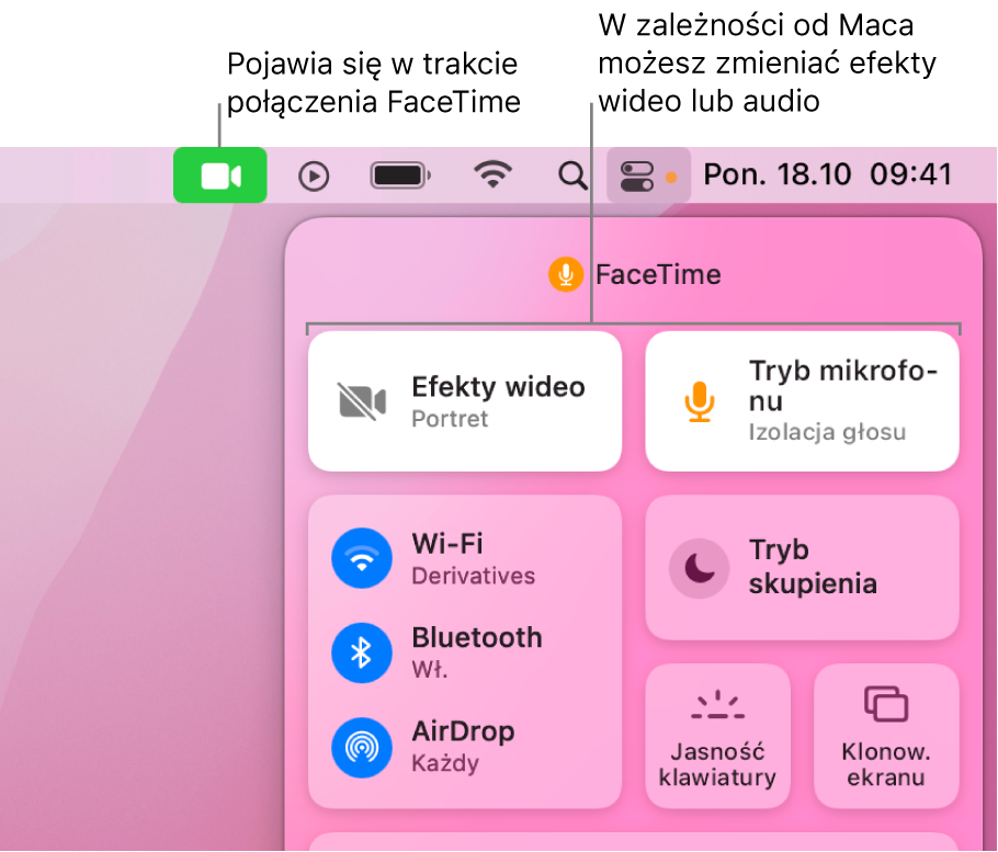 Centrum sterowania w prawym górnym rogu ekranu Maca. Widoczna jest ikona FaceTime (wyświetlana podczas połączenia FaceTime) oraz przyciski Efekty wideo i Tryb mikrofonu (pozwalające na zmianę efektów wideo i dźwięku, zależnie od modelu Maca).