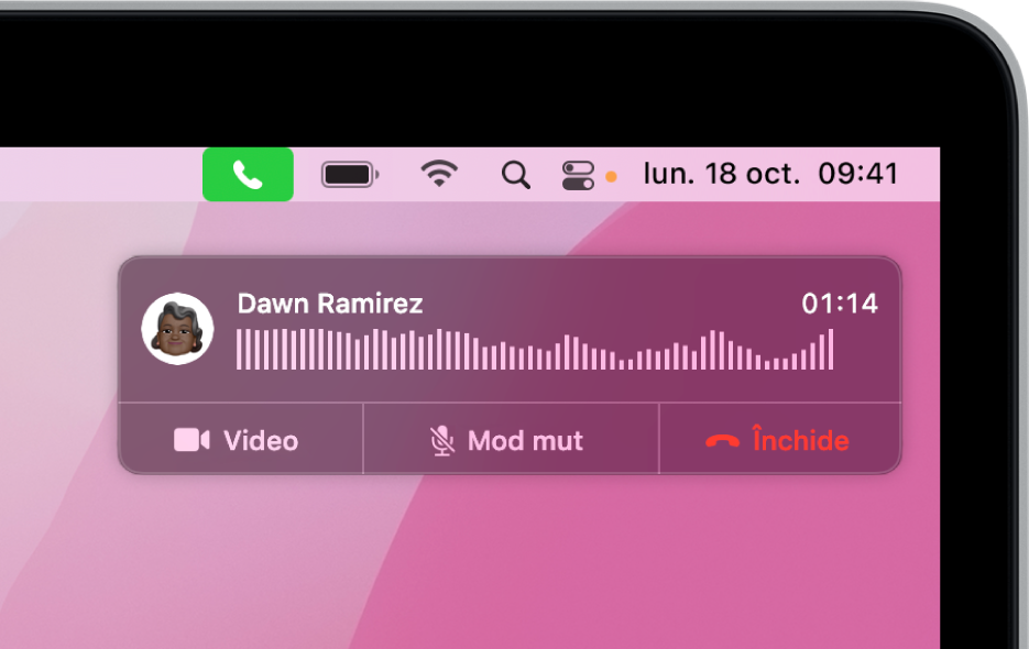 O notificare apare în colțul din dreapta sus al ecranului Mac‑ului, arătând că un apel telefonic este în desfășurare.