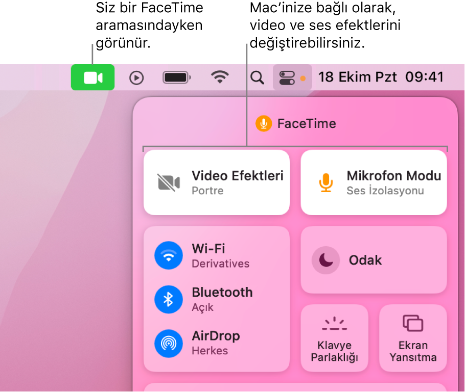 Mac ekranının sağ üst köşesindeki Denetim Merkezi, FaceTime simgesini (FaceTime aramasında olduğunuz sırada görünür) ve Video Efektleri ile Mikrofon Modu’nu (Mac’inize bağlı olarak görüntüyü ya da efektleri değiştirir) gösteriyor.