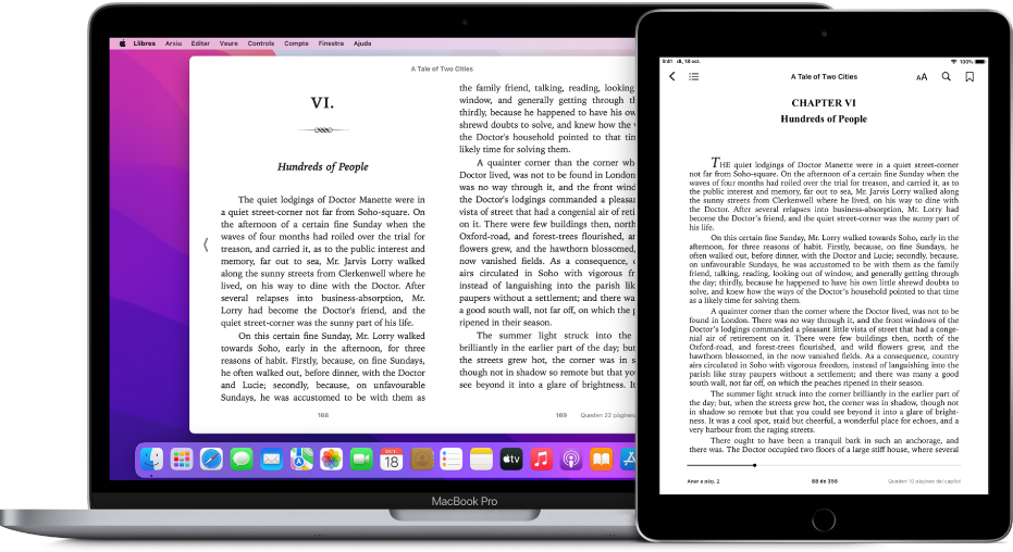Un llibre que mostra la mateixa pàgina a l’app Llibres en un iPad i un Mac.
