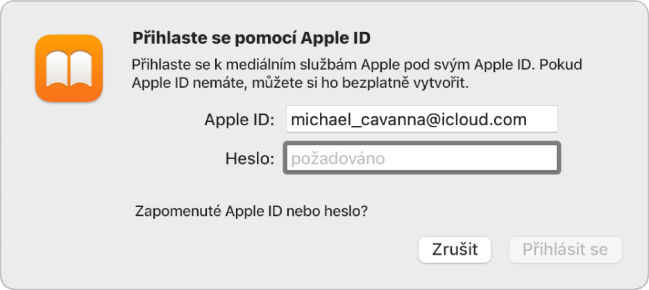 Dialogové okno pro přihlášení k Apple Books pomocí Apple ID a hesla
