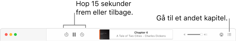 Lydbogsafspilleren i Apple Books viser fra venstre til højre knapperne Afspilningshastighed, Hop frem, Hop tilbage, Vågeblus, titlen og forfatteren bag den lydbog, der afspilles, mærket Lydstyrke og knappen Indholdsfortegnelse.