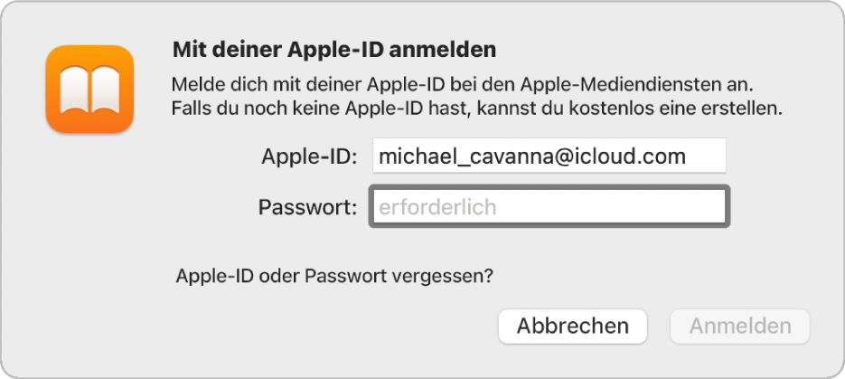 Das Dialogfenster zum Anmelden bei Apple Books mit einer Apple-ID und einem Passwort