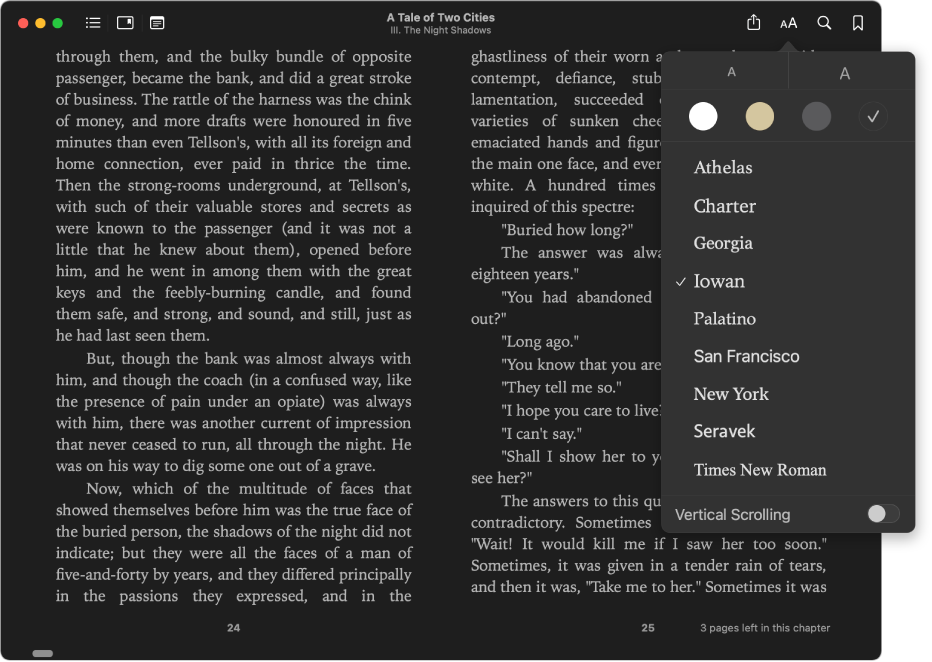 A book with a customized appearance and the Appearance menu showing the selected text size, background color, and font.