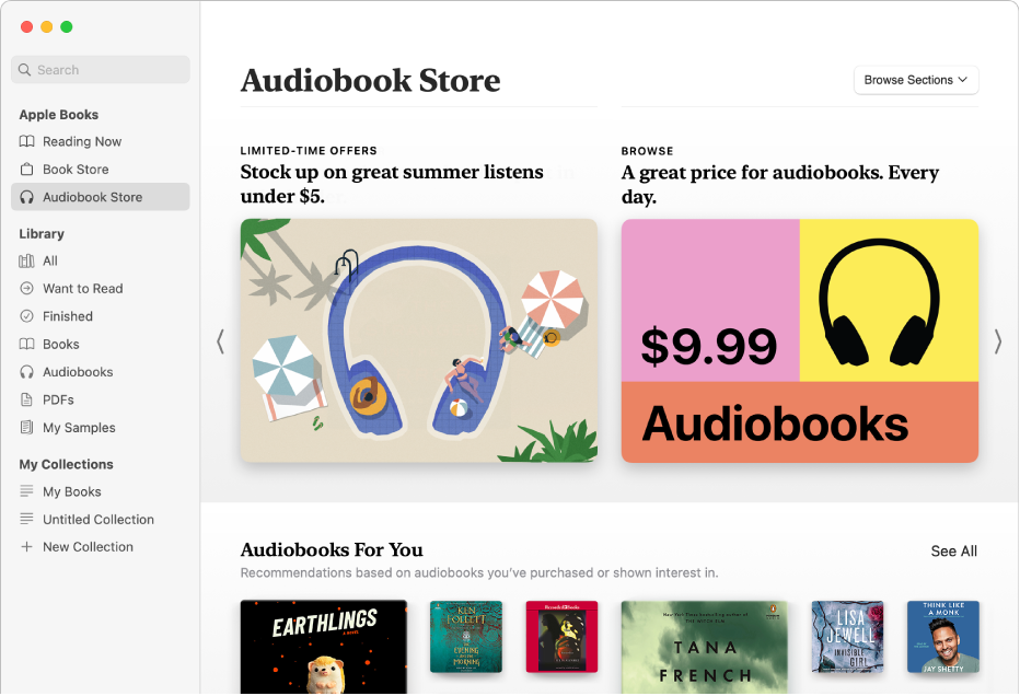 The main window of the Audiobook Store, showing featured audiobooks.