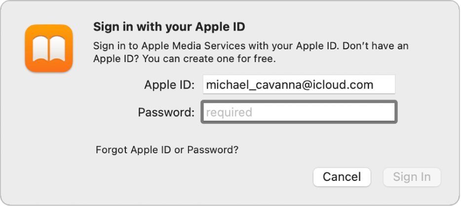 The dialog to sign in to Apple Books using an Apple ID and password.