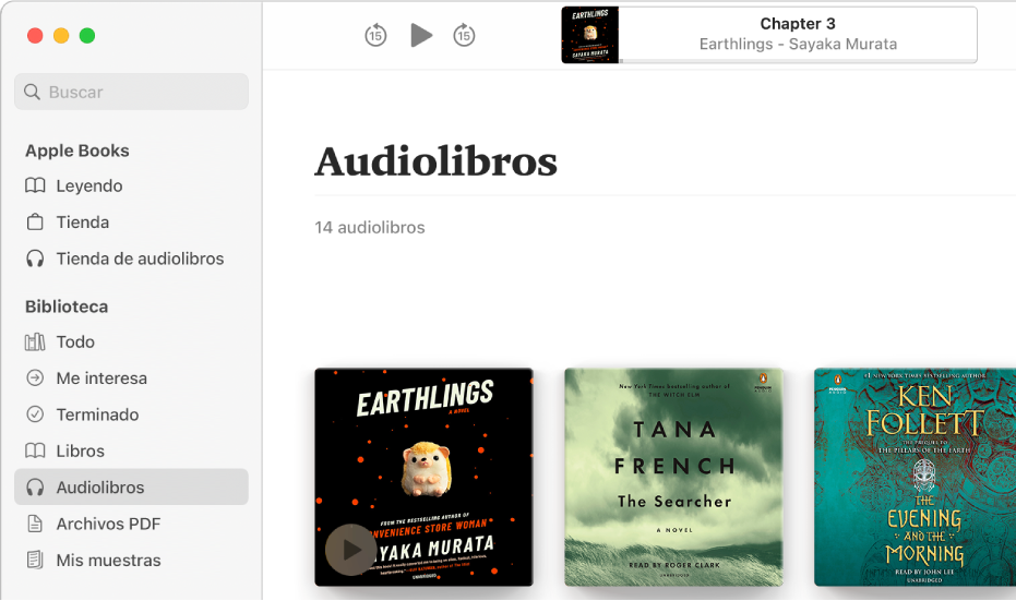 El reproductor de audiolibros. En la parte superior se encuentran los controles del reproductor, una miniatura de la portada del audiolibro y el título y autor del audiolibro. En la parte inferior está la colección Audiolibros en la biblioteca.