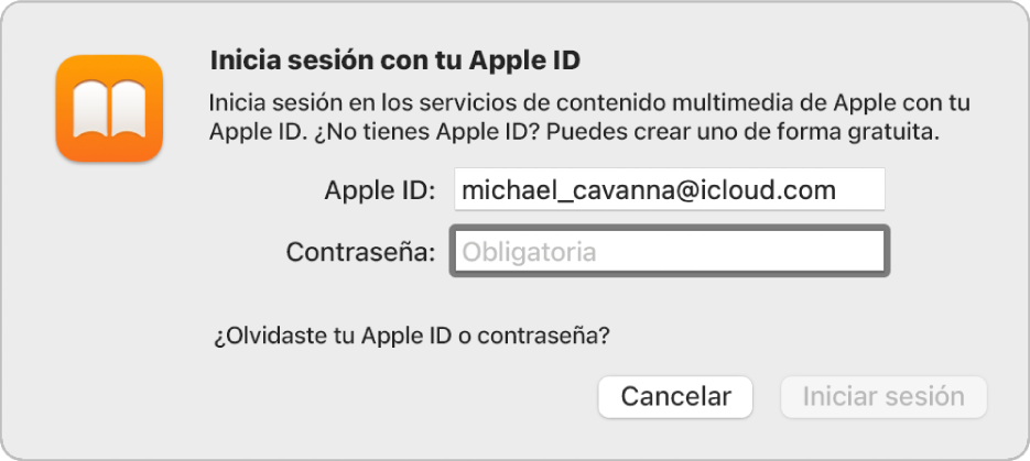 El cuadro de diálogo para iniciar sesión en Apple Books usando un Apple ID y contraseña.