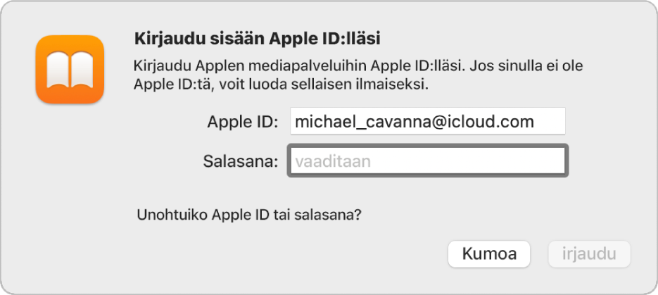 Valintaikkuna, jossa kirjaudutaan Apple Booksiin Apple ID:llä ja salasanalla.