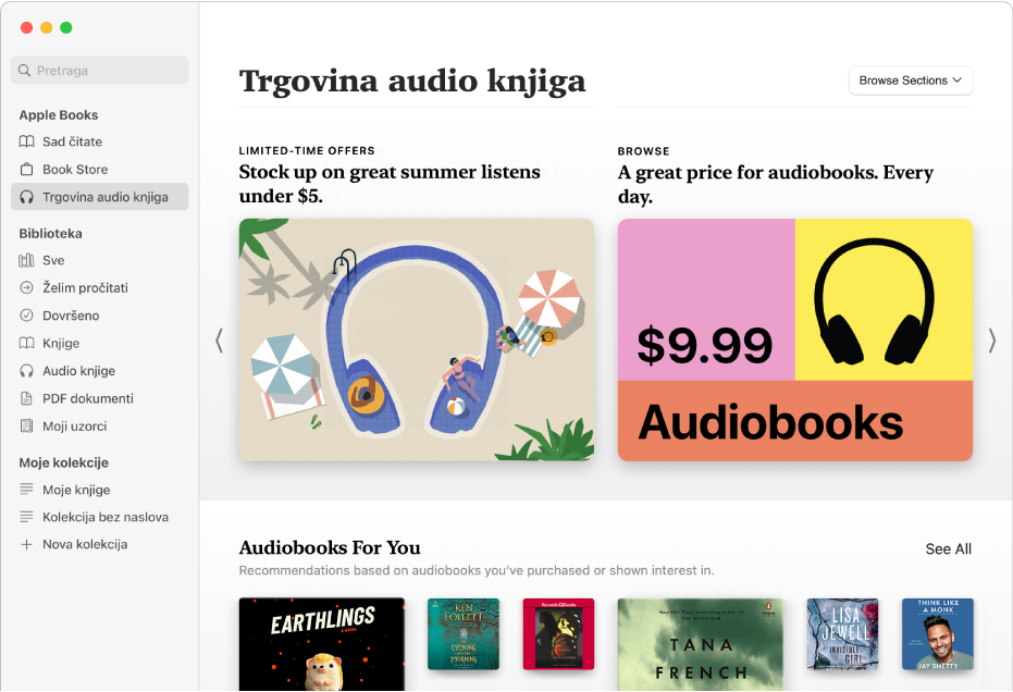 Glavni prozor Trgovine audio knjiga s prikazom izdvojenih audio knjiga.