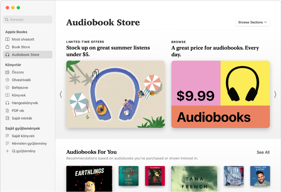 Az Audiobook Store fő ablaka, amelyben a kiemelt hangoskönyvek láthatók.