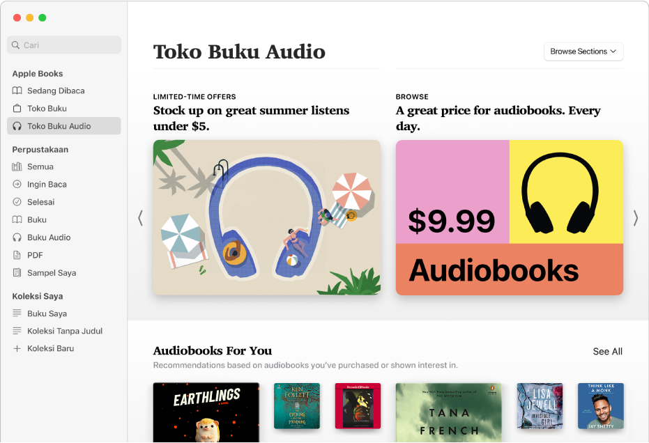 Jendela utama Toko Buku Audio, menampilkan buku audio unggulan.