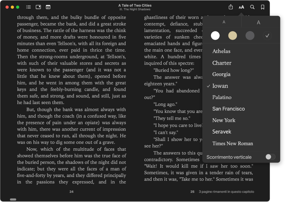 Un libro con una visualizzazione personalizzata e il menu relativo all'aspetto che mostra i valori selezionati per la dimensione del testo, il colore di sfondo e il font.
