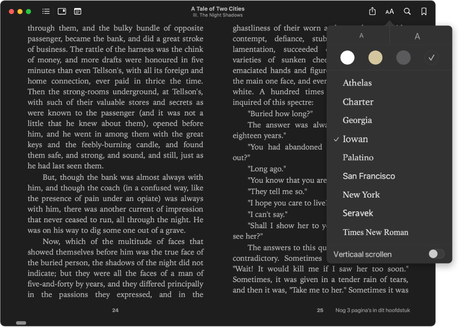 Een boek met een aangepaste weergave en het weergavemenu met de geselecteerde tekstgrootte, de achtergrondkleur en het lettertype.