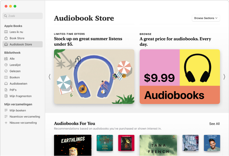 Het hoofdvenster van de Audiobook Store, met uitgelichte audioboeken.