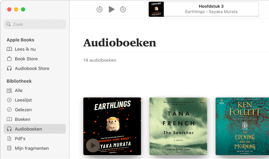 De audioboekspeler. Bovenin staan de regelaars van de speler, een miniatuur van het omslag van het audioboek en de titel en auteur van het audioboek. Eronder staat de verzameling audioboeken in de bibliotheek.