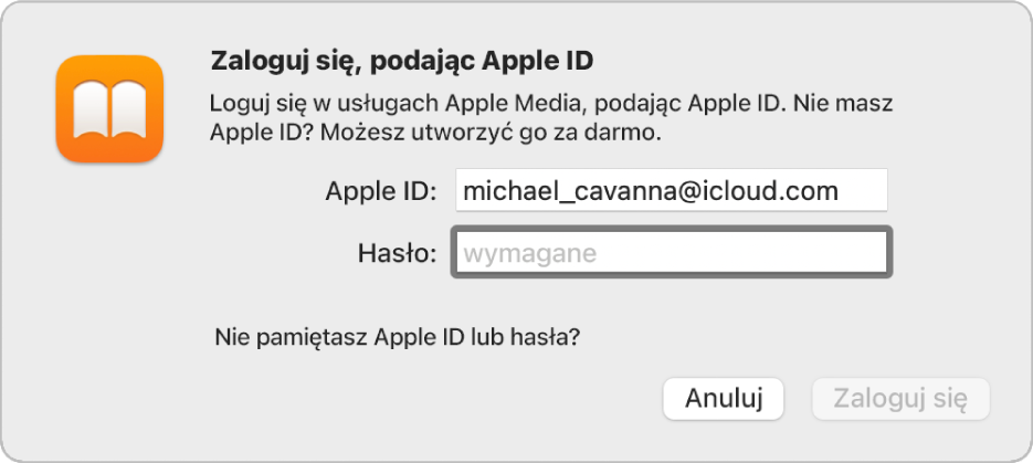 Okno dialogowe, pozwalające na zalogowanie się w Apple Books przy użyciu Apple ID i hasła.