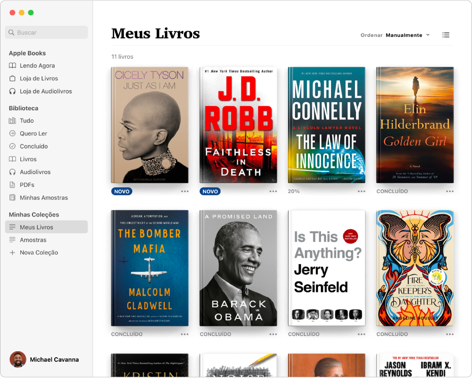 Visualização de Coleções da biblioteca do app Livros mostrando uma lista de coleções à esquerda.