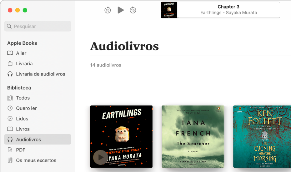 O leitor de audiolivros. Na parte superior encontram-se os controlos do leitor, uma miniatura da capa do audiolivro e o título e autor do audiolivro. Por baixo está a coleção Audiolivros na biblioteca.