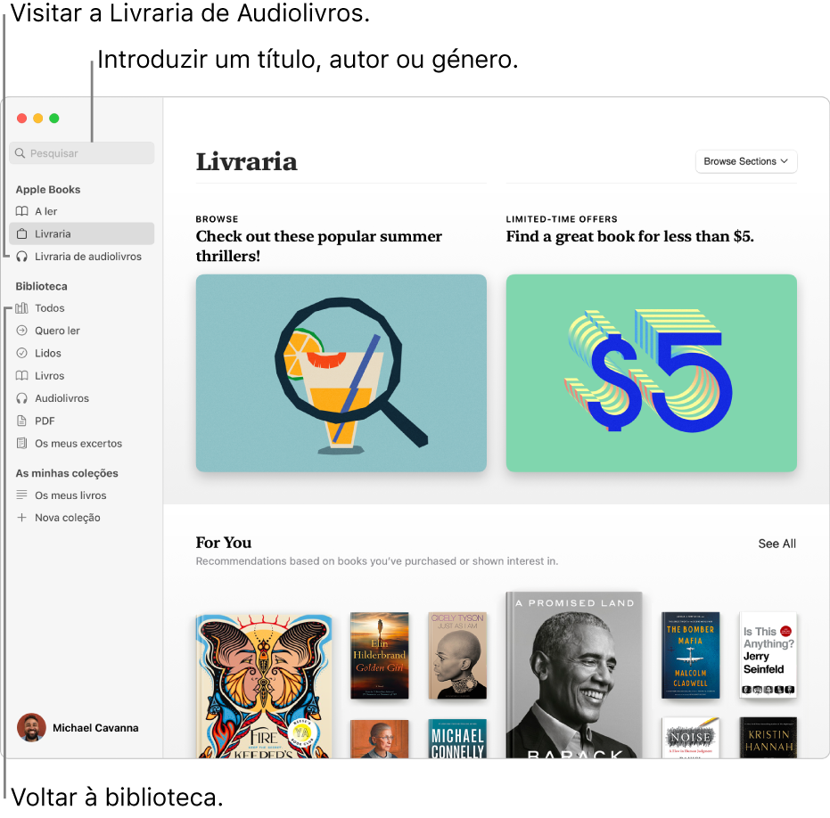 A barra de lateral na aplicação Livros. Clique em Livraria ou Livraria de Audiolivros para explorar. Para pesquisar, digite um título, autor ou género no campo de pesquisa. Para voltar à sua biblioteca, clique em Todos.