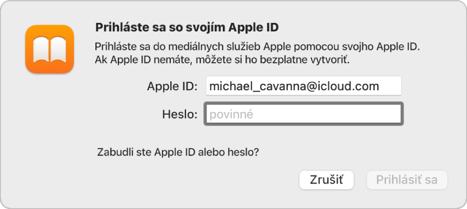 Dialógové okno na prihlásenie do Apple Books pomocou Apple ID a hesla.