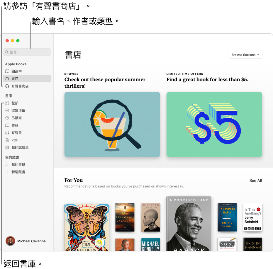 「書籍」中的側邊欄。按一下「書店」或「有聲書商店」來瀏覽。若要搜尋，請在搜尋欄位中輸入書名、作者或類型。若要返回書庫，請按一下「全部」。