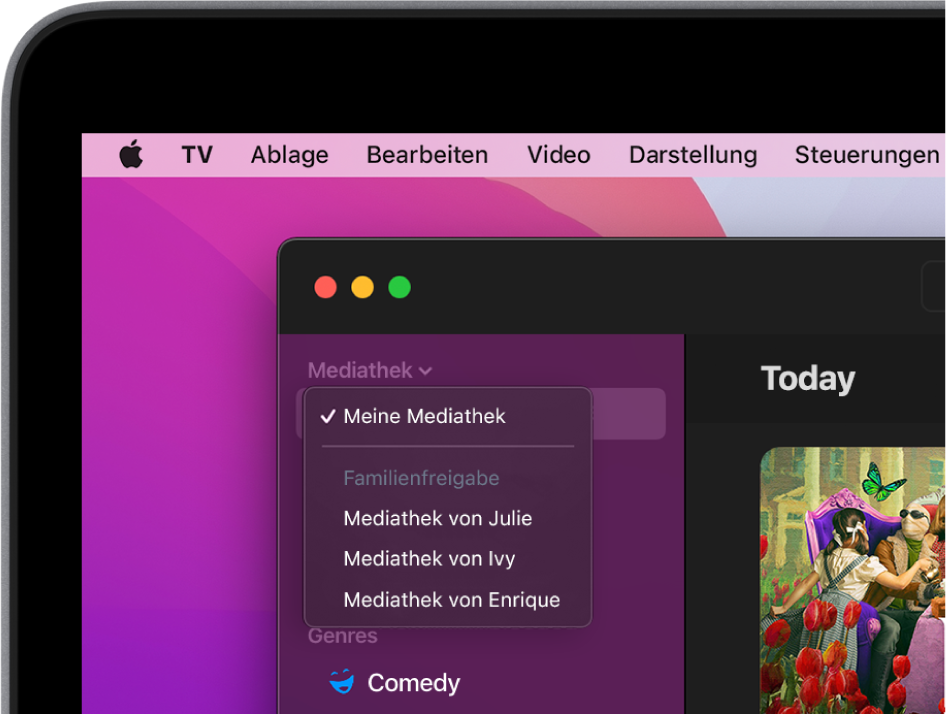 Der Bildschirm „Mediathek“ der Apple TV-App mit den Mediatheken von Familienmitgliedern, die in der Seitenleiste angezeigt werden.