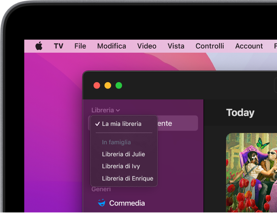 La schermata della libreria dell'app Apple TV, con le librerie dei membri della famiglia mostrate nella barra laterale.
