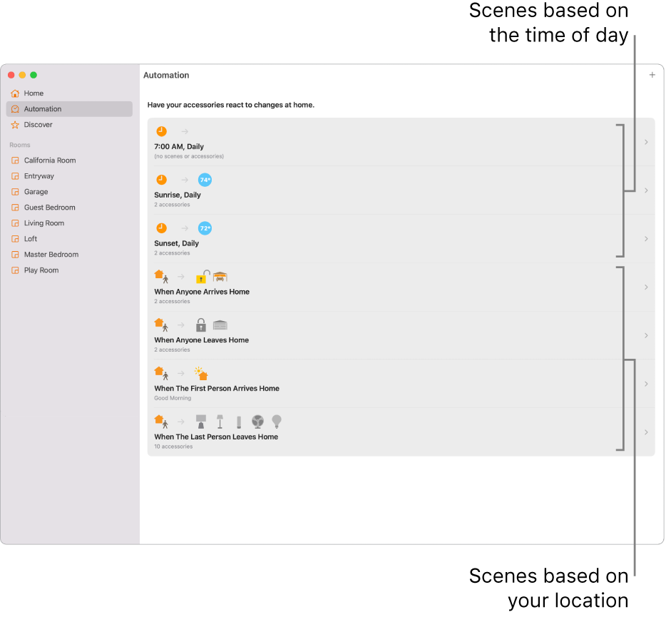 The Automation screen displaying scenes based on the time of day and scenes based on location, such as when someone arrives or leaves home.